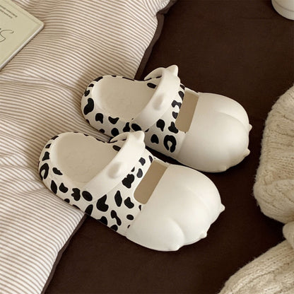 Cute gray leopard print cat paw EVA clogs with 3D toes and adjustable strap, lightweight indoor shoes