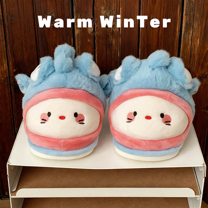 Cute blue fish and cat plush slippers with big fish eyes and pink trim, fuzzy indoor shoes with PVC sole