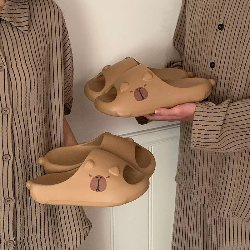 Cute brown capybara EVA slide sandals with 3D ears and printed face, lightweight indoor slip-on shoes