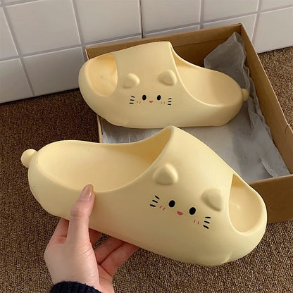 Cute cream cat EVA slide sandals with 3D ears and printed face, lightweight indoor slip-on shoes