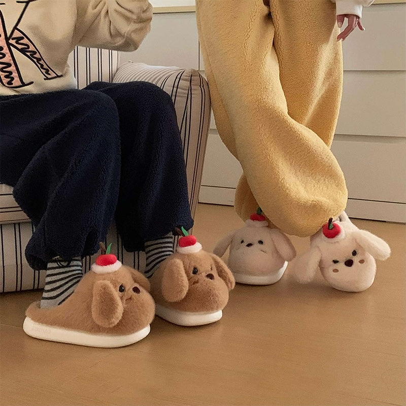 Cute brown dog plush slippers with floppy ears and apple topper, fuzzy indoor shoes with EVA sole