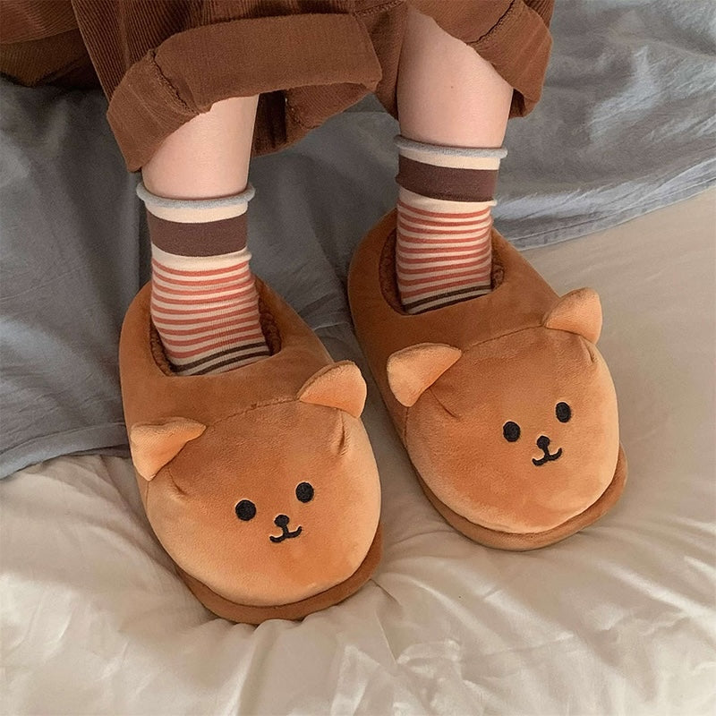 Cute brown bear face bootie slippers with 3D ears and embroidered smile, fuzzy indoor shoes with PVC sole