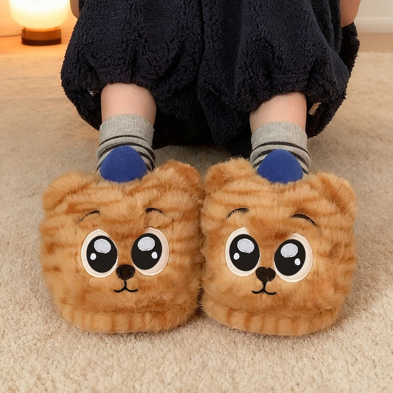 Cute orange striped tiger plush slippers with blue ears and big eyes, closed-back fuzzy indoor shoes with PVC sole