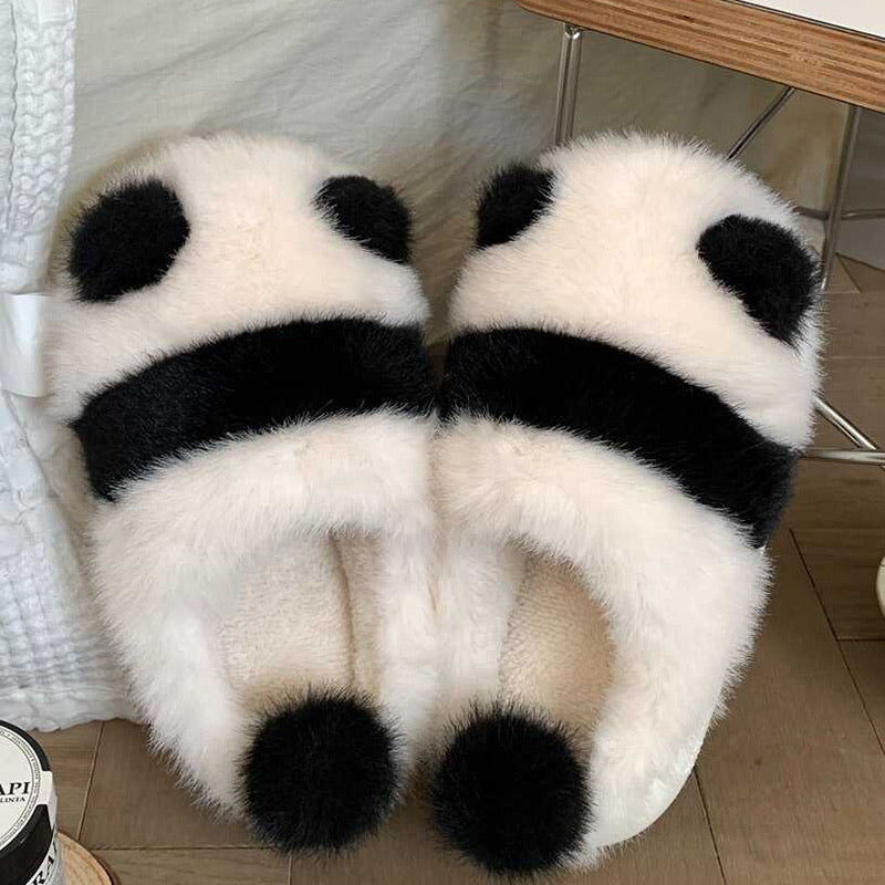 Cute black and white panda block plush slippers with pom-pom nose and tail, fuzzy indoor shoes with EVA sole