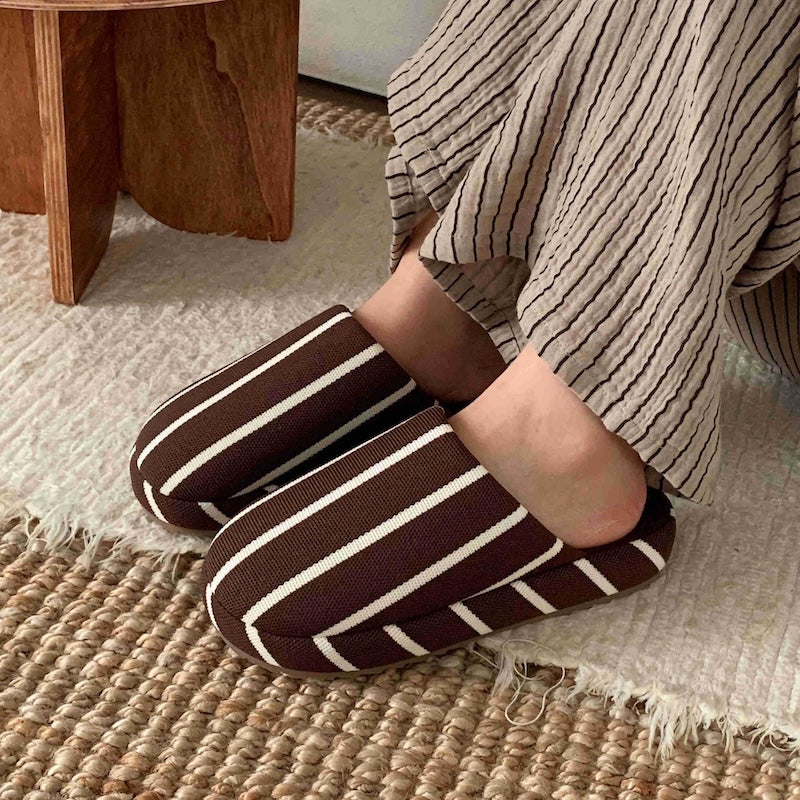 Brown striped linen slippers with woven texture and dark brown lining, indoor shoes with TPR sole