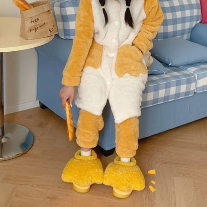 Cute yellow duck webbed foot plush slippers with high ankle cuff and fleece texture, indoor shoes