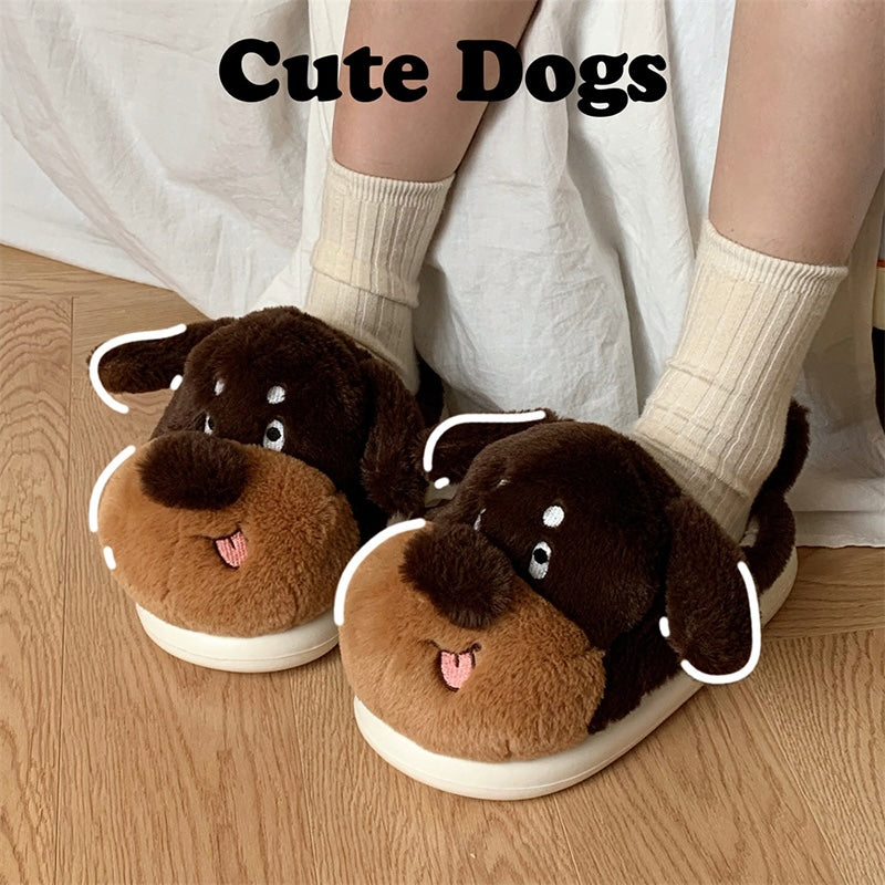 Cute brown dog plush slippers with light brown nose and pink tongue, long-body fuzzy indoor shoes with EVA sole
