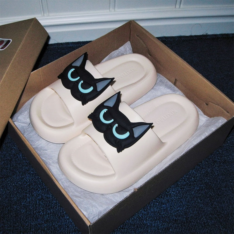 Cute beige EVA cat face slide sandals with 3D blue eyes, summer slippers for indoor and outdoor