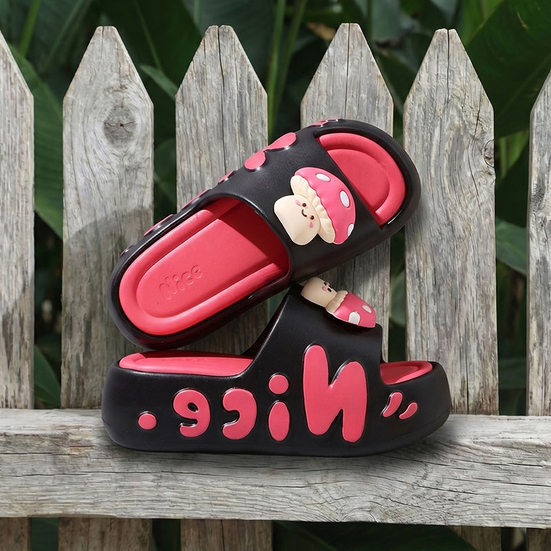 Cute black mushroom character EVA slide sandals with black dot cap and "Nice" print, chunky indoor shoes