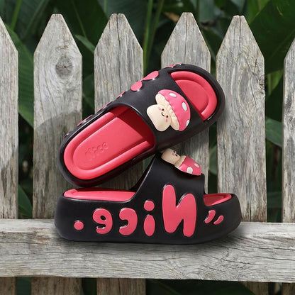 Cute black mushroom character EVA slide sandals with black dot cap and "Nice" print, chunky indoor shoes