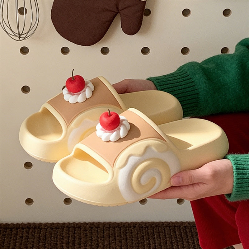 Cute yellow cherry cake EVA slide sandals with cream swirl and cherry topper, lightweight indoor shoes