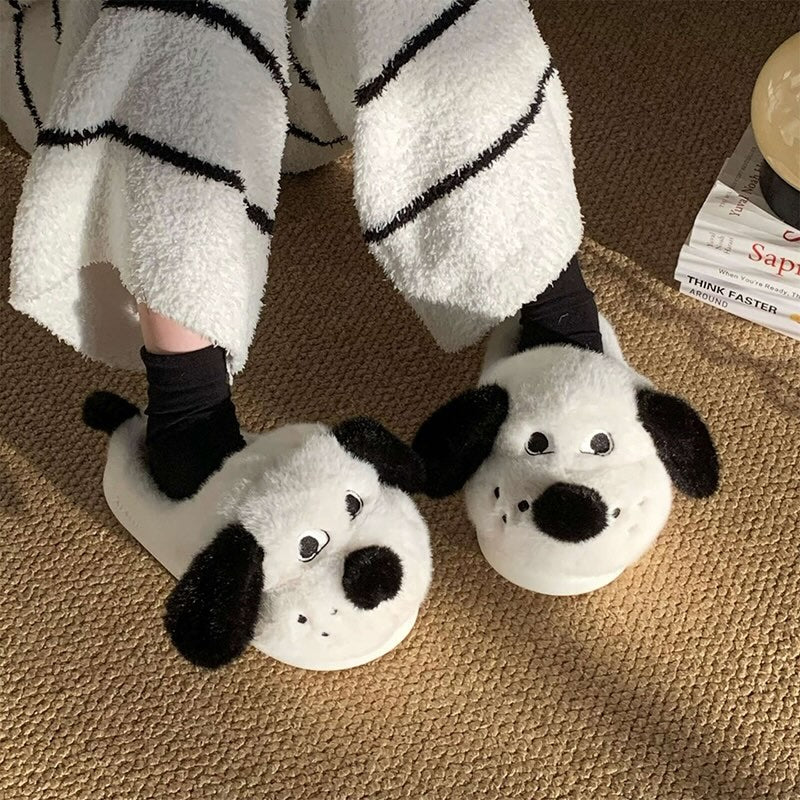 Cute white dog plush slippers with black floppy ears, black nose, and tail, fuzzy indoor shoes with EVA sole