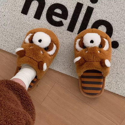 Cute brown raccoon face plush slippers with dark eye masks and white ear tips, warm indoor shoes with PVC sole