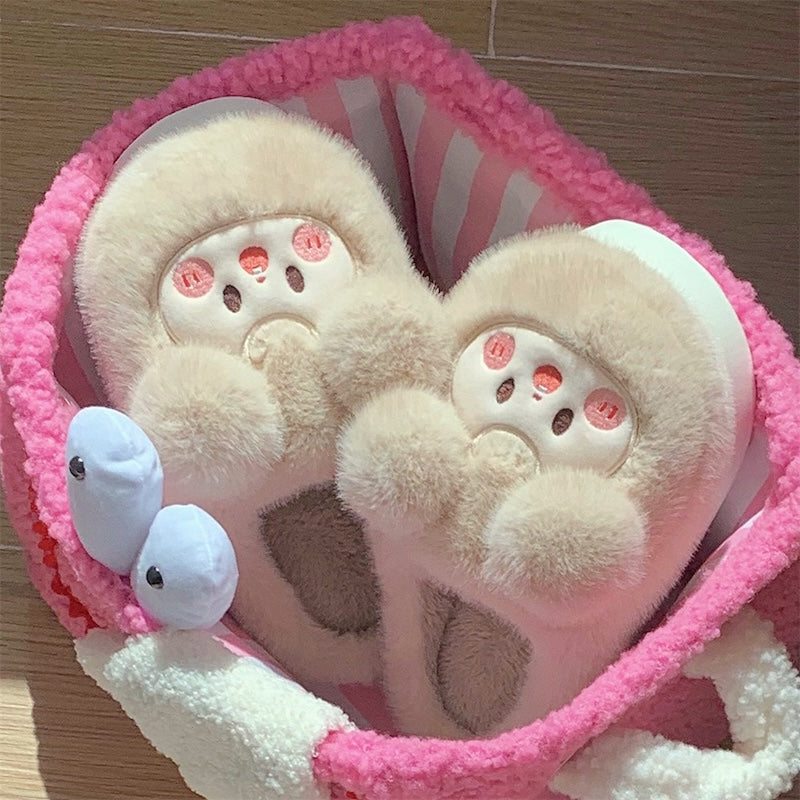 Cute khaki sheep plush slippers with round fluffy ears and embroidered face patch, fuzzy indoor shoes with EVA sole