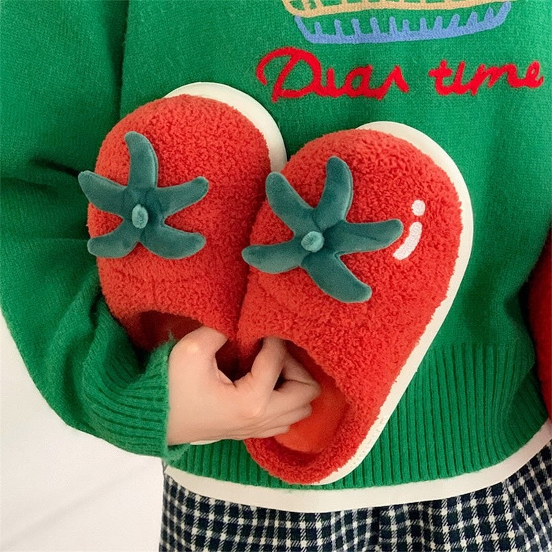 Cute red tomato plush slippers with green leaves and smiley face, fuzzy textured indoor shoes with EVA sole