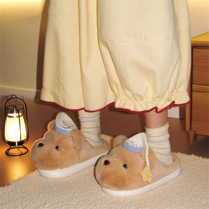 Cute khaki bear plush slippers with blue and white fabric hat and star charm, indoor shoes with EVA sole