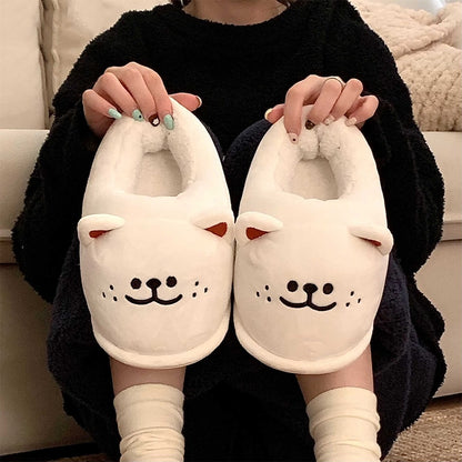 Cute white Shiba Inu dog face bootie slippers with 3D ears and embroidered face, fuzzy indoor shoes with PVC sole