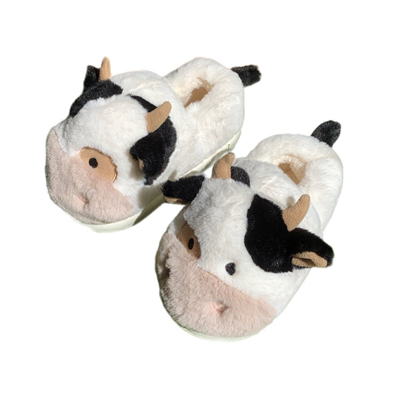 Cute black and white cow plush slippers with brown nose and horns, closed-back fuzzy indoor shoes with EVA sole
