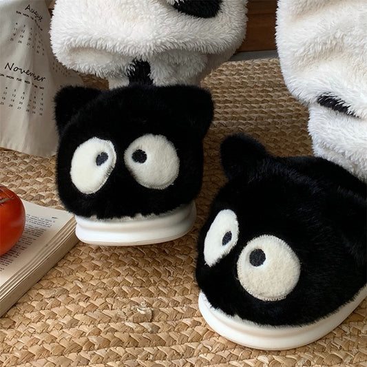 Cute black cat plush slippers with big googly eyes and tail, closed-back fuzzy indoor shoes with EVA sole