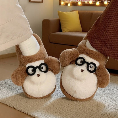 Cute brown monkey plush slide slippers with black glasses and white muzzle, indoor shoes with EVA sole