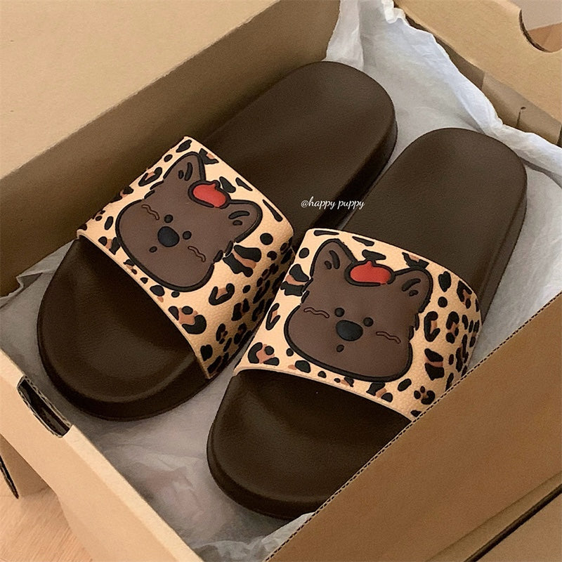 Cute brown leopard print dog slippers with brown dog face and red tongue, PVC upper and EVA sole, slip-on indoor shoes
