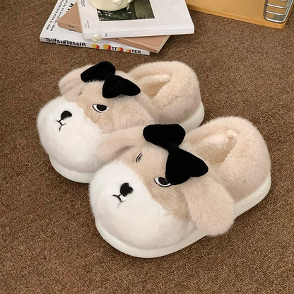 Cute khaki dog plush slippers with floppy ears, closed eyes, and removable black bow, closed-back fuzzy indoor shoes with EVA sole