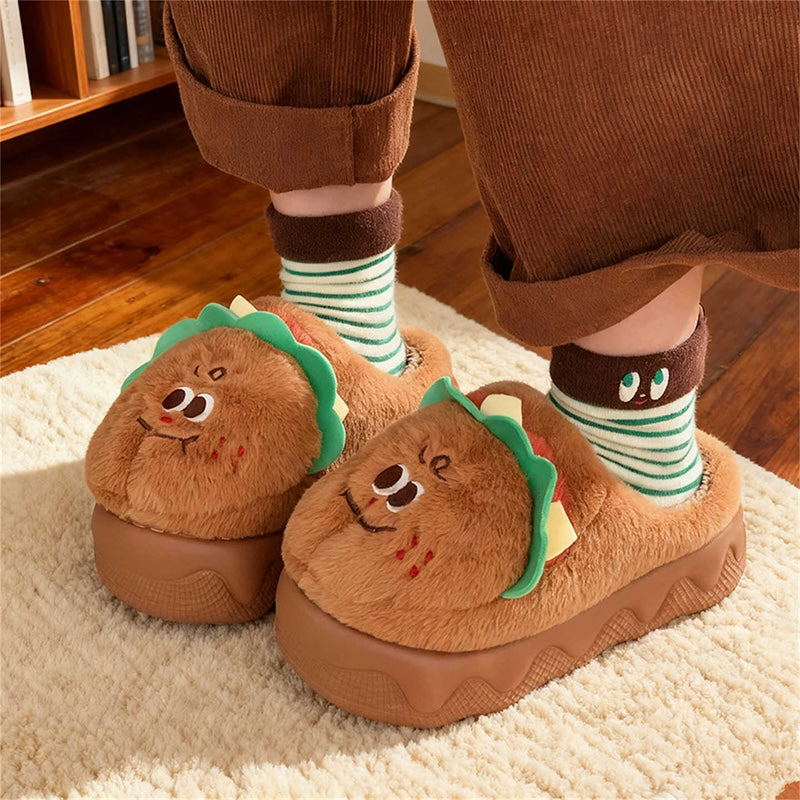 Cute yellow burger plush slippers with lettuce topper and face design, closed-back thick sole indoor shoes with EVA sole