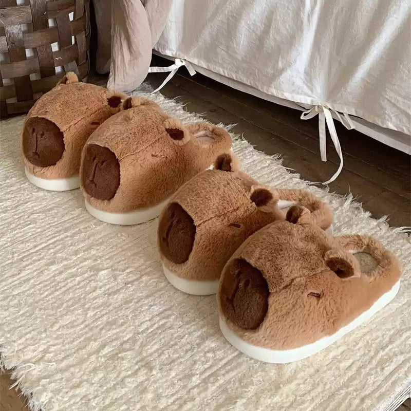 Cute brown capybara plush slippers with simple line eyes and round ears, fuzzy indoor shoes with EVA sole