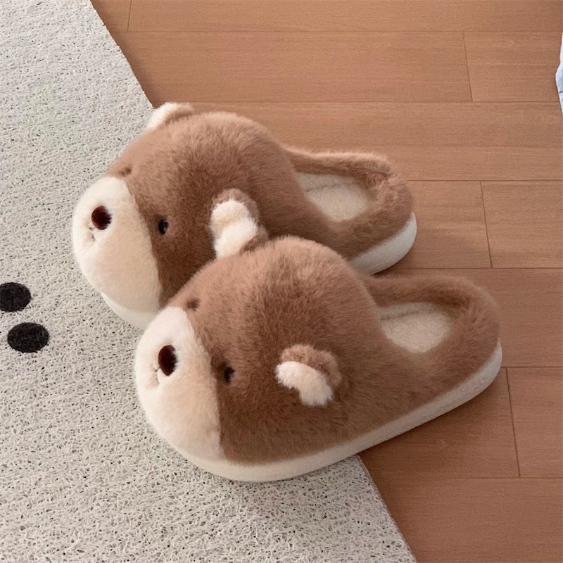 Cute light brown bear design plush slippers with white muzzle and white inner ears, indoor shoes with EVA sole