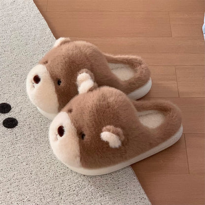 Cute light brown bear design plush slippers with white muzzle and white inner ears, indoor shoes with EVA sole