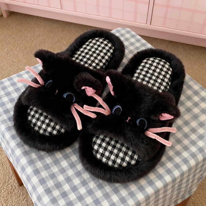 Cute black cat plush slippers with pink 3D whiskers and houndstooth footbed, fuzzy indoor shoes with EVA sole