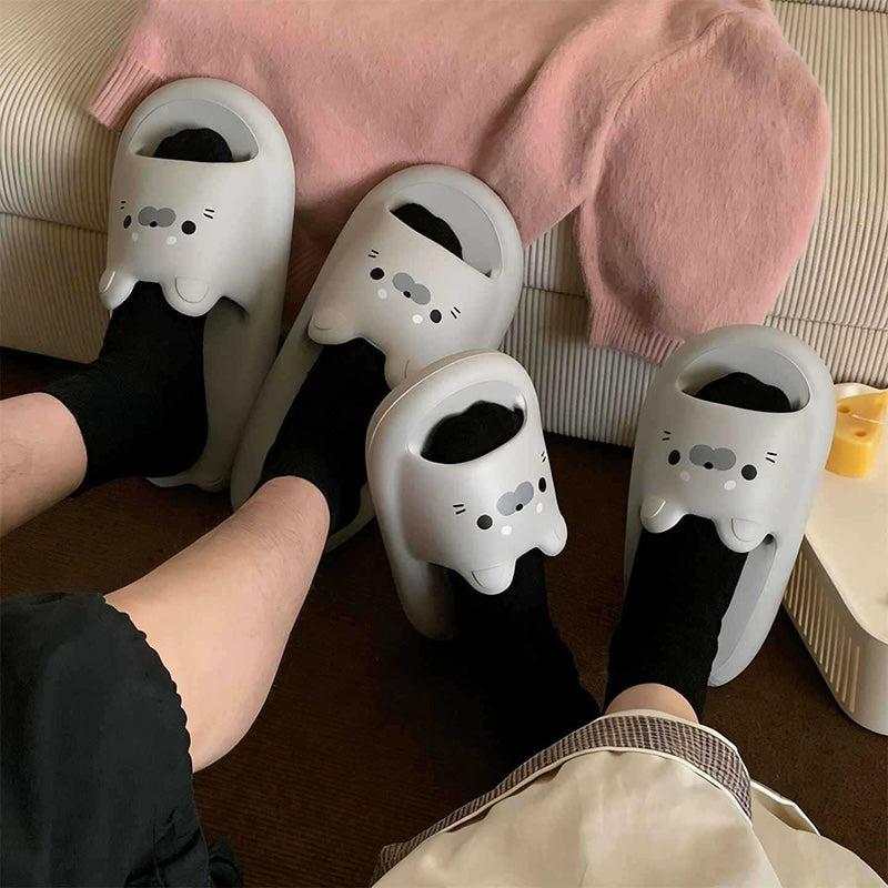 Cute grey seal EVA slide sandals with 3D ears and engraved face, lightweight all-EVA indoor shoes