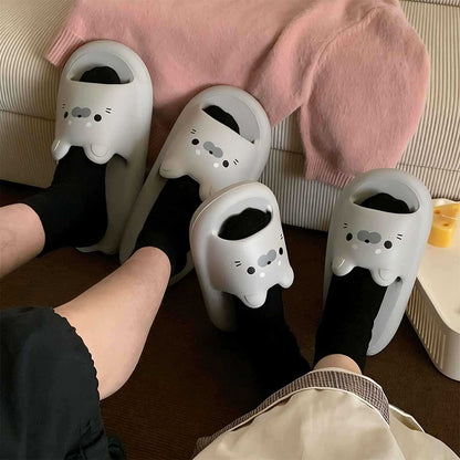 Cute grey seal EVA slide sandals with 3D ears and engraved face, lightweight all-EVA indoor shoes
