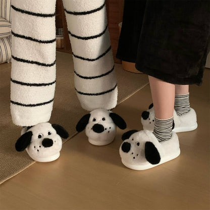 Cute white dog plush slippers with black floppy ears and black nose, closed-back fuzzy indoor shoes with EVA sole