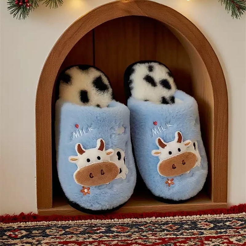 Cute sky blue cow print plush slippers with cow spot footbed and cartoon patch, indoor shoes with PVC sole