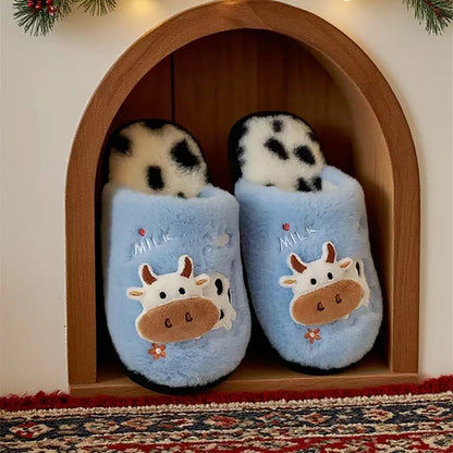 Cute sky blue cow print plush slippers with cow spot footbed and cartoon patch, indoor shoes with PVC sole