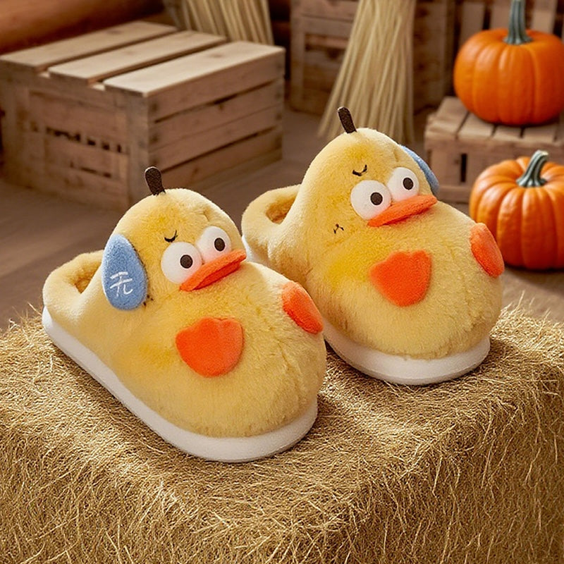Cute yellow duck plush slippers with orange beak and asymmetrical cheek patches, indoor shoes with EVA sole