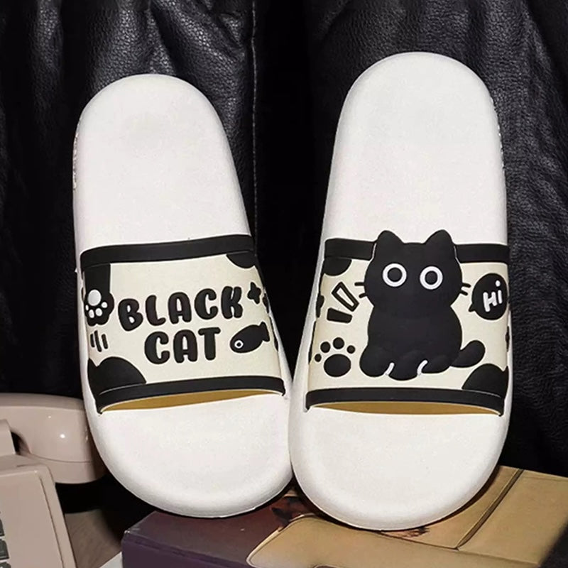 Cute white cat print EVA slide sandals with "Hi" bubble and text, all-EVA slip-on shoes for indoor and outdoor
