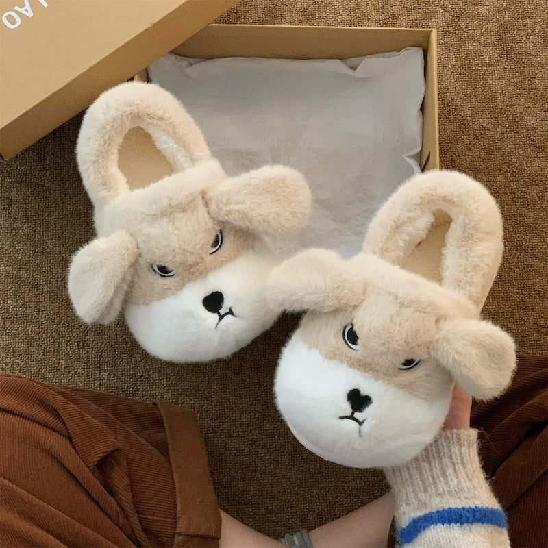 Cute khaki dog plush slippers with floppy ears and embroidered closed eyes, closed-back fuzzy indoor shoes with EVA sole