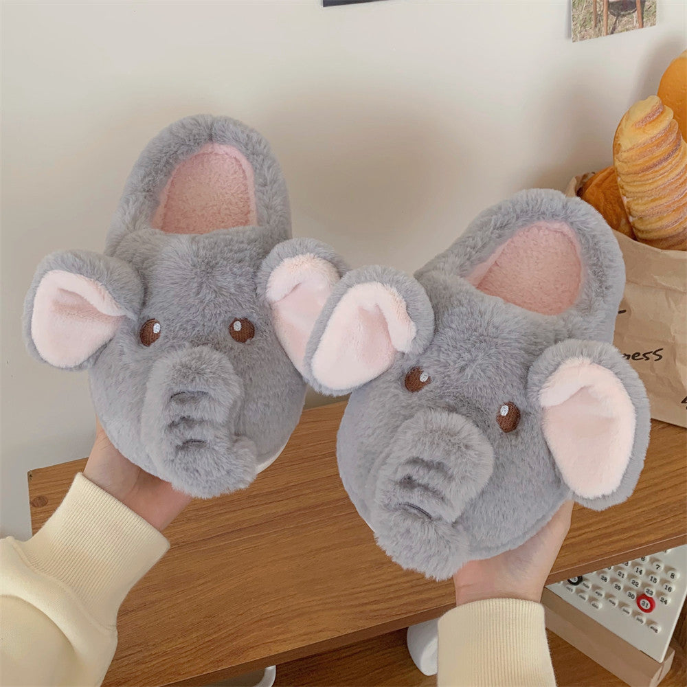 Cute grey elephant plush slippers with pink inner ears and trunk, closed-back fuzzy indoor shoes with EVA sole