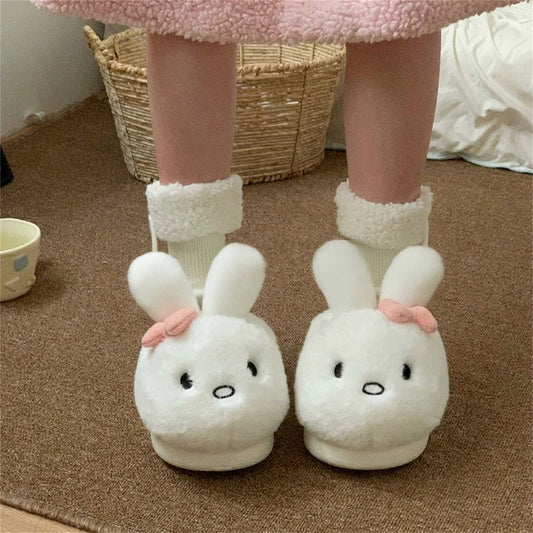 Cute white bunny plush slide slippers with pink bow and floppy ears, fuzzy indoor shoes with EVA sole