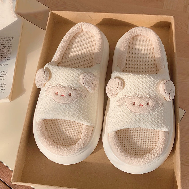 Cute cream sheep linen slippers with 3D sheep face and ears, breathable fabric indoor shoes with EVA sole
