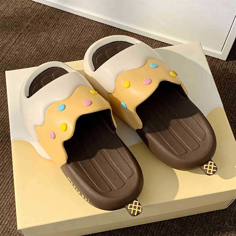 Cute brown ice cream EVA slide sandals with colorful sprinkles and melted design, lightweight indoor slip-on shoes