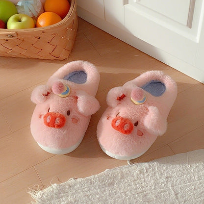 Cute pink birthday pig plush slippers with striped party hat, pom-pom, and red cherry accent, indoor shoes with EVA sole