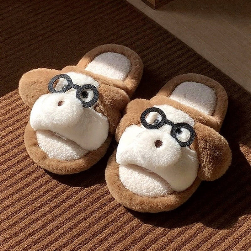 Cute brown monkey plush slide slippers with glasses and white muzzle, indoor shoes with EVA sole