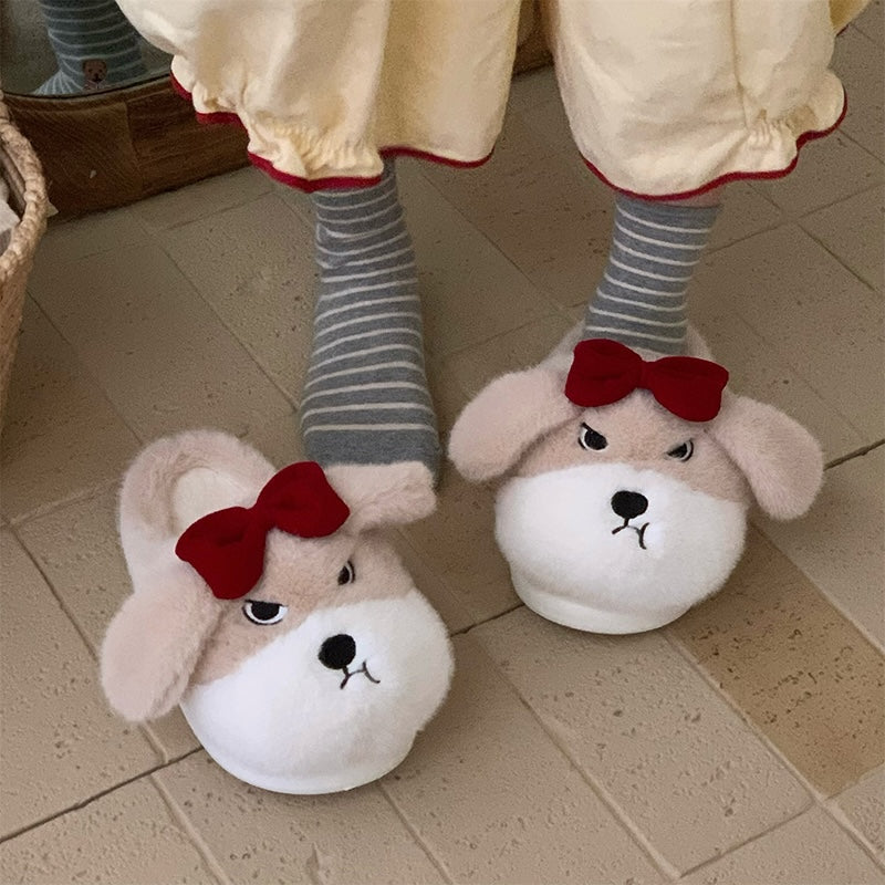Cute khaki dog plush slippers with floppy ears, closed eyes, and removable red bow, fuzzy indoor shoes with EVA sole