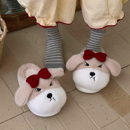 Cute khaki dog plush slippers with floppy ears, closed eyes, and removable red bow, fuzzy indoor shoes with EVA sole