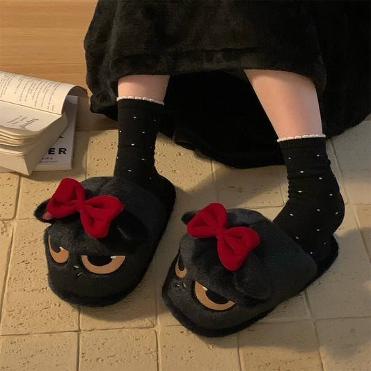 Cute black cat plush slide slippers with removable red bow and sleepy eyes, fuzzy indoor shoes with PVC sole