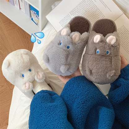 Cute gray hippo plush slippers with blue eyes and round nose, closed-back fuzzy indoor shoes with PVC sole