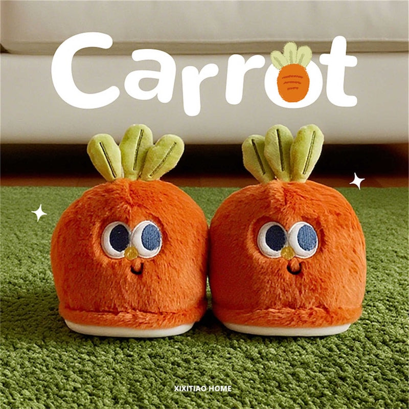 Cute orange carrot plush slippers with green top leaves and big eyes, closed-back fuzzy indoor shoes with PVC sole